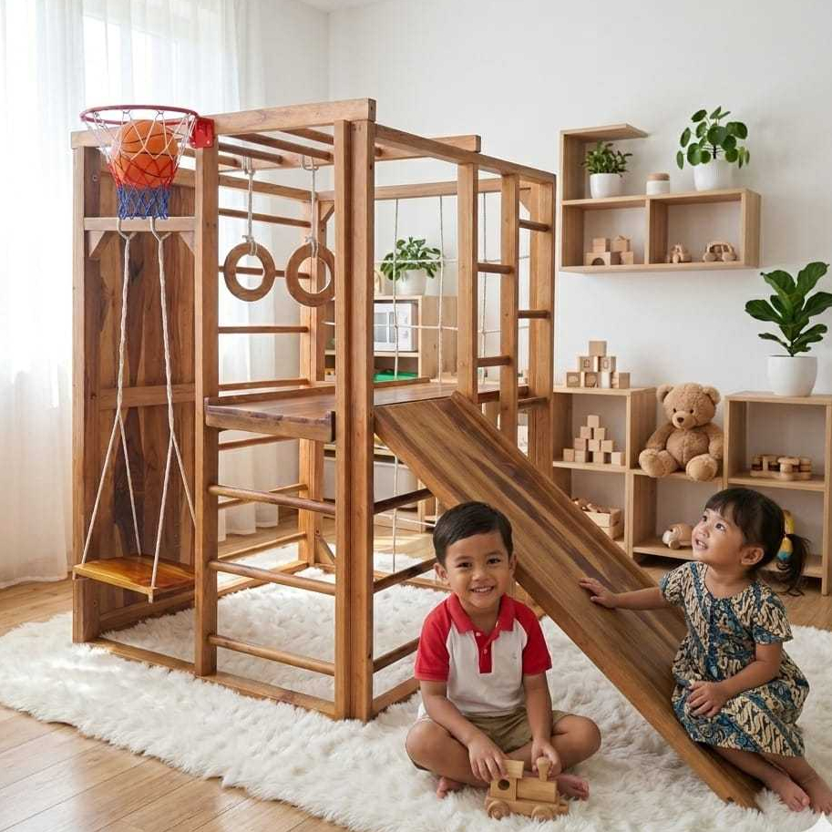 Brakiasi Anak Kayu Playground Fullset – Ayunan Panjatan Climber Monkey Bar Prosotan Super Kuat