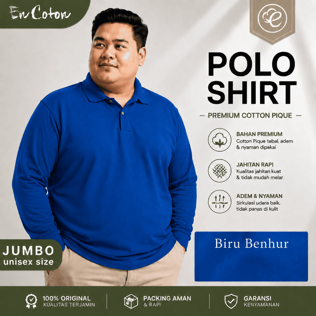 Kaos Kerah Polo Jumbo Oversize Big Size BIRU BENHUR ROYAL BLUE BIRU BCA Premium Tangan Lengan Panjan