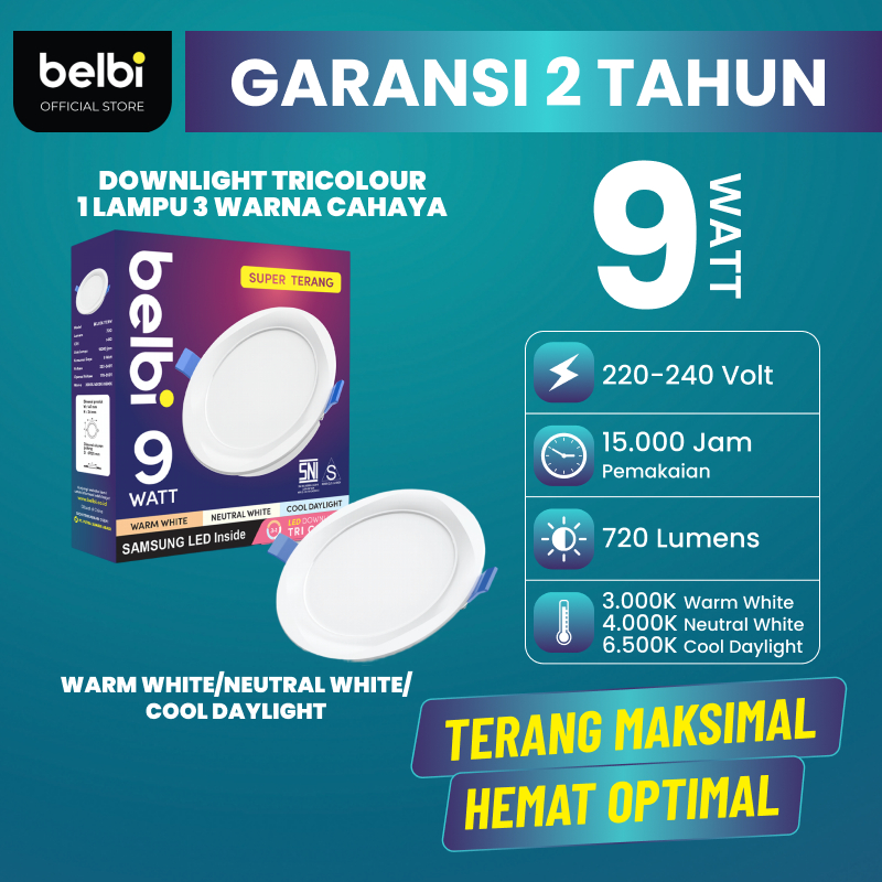 Belbi Lampu Downlight LED 3 Warna 9 Watt Garansi 2 Tahun - 1 Lampu 3 Warna Cahaya Tricolour