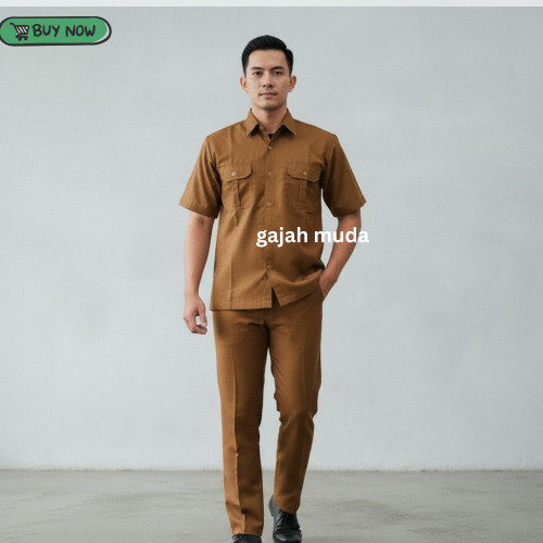 Setelan Seragam PDH Khaki Tua Pria Wanita Bahan Drill Lengan Panjang