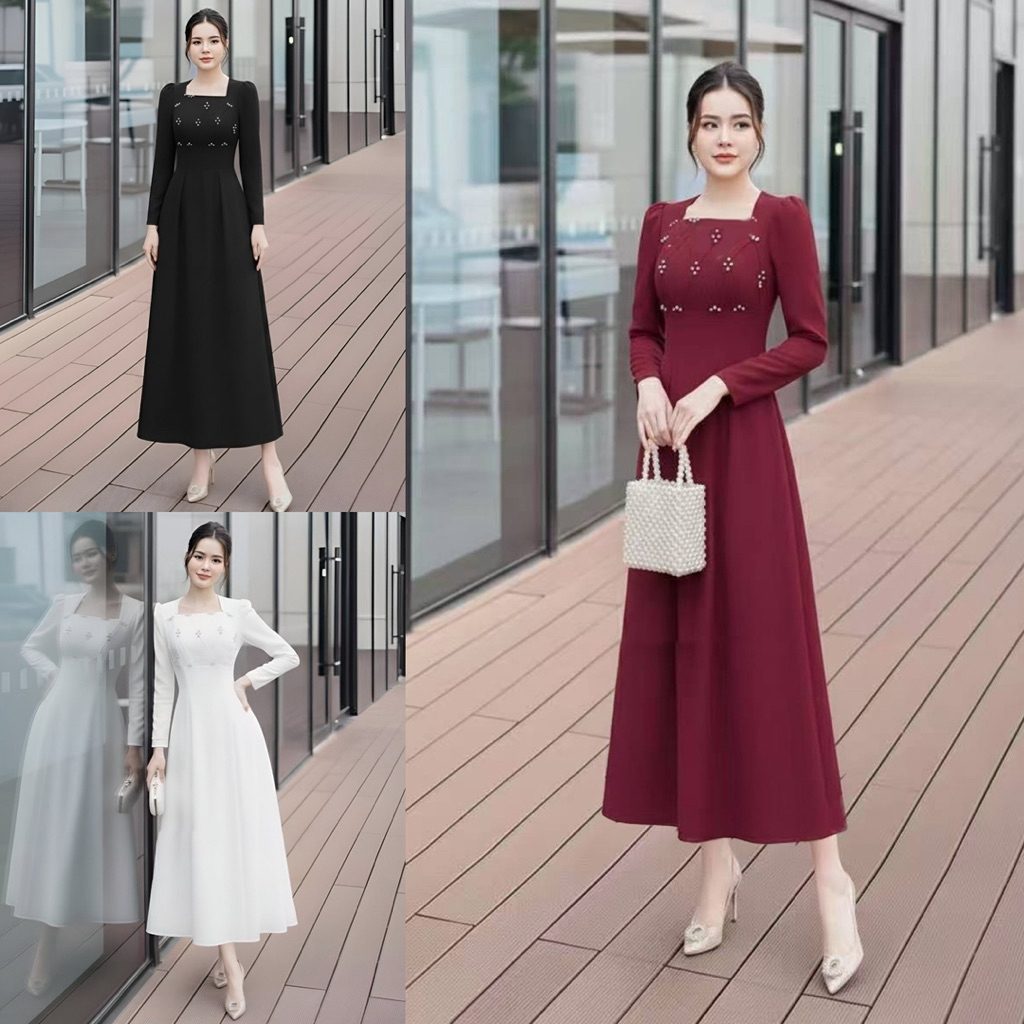 D1779 PACIENCIAA KOREAN STYLE VINTAGE MAXI DRESS SIMPLE POLOS LENGAN PANJANG ELEGAN PESTA