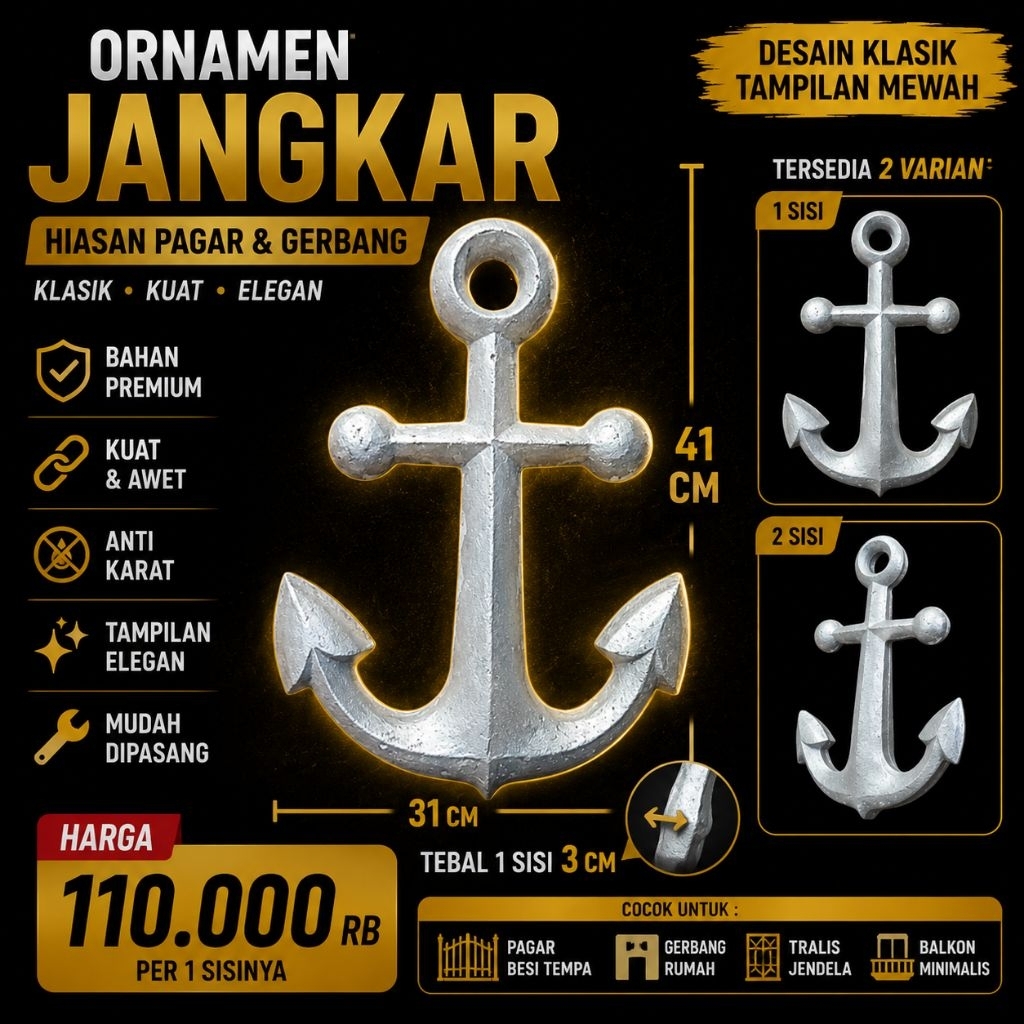 Ornamen Jangkar Aluminium Cor Hiasan Pagar Gerbang Klasik Minimalis 1 Sisi 2 Sisi Anti Karat