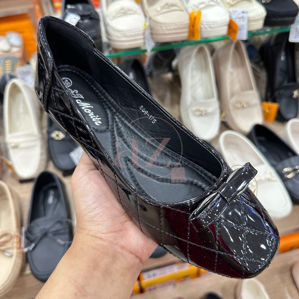 St. Moritz sepatu casual sekolah kerja wanita flat shoes glossy berkilau hitam putih beige