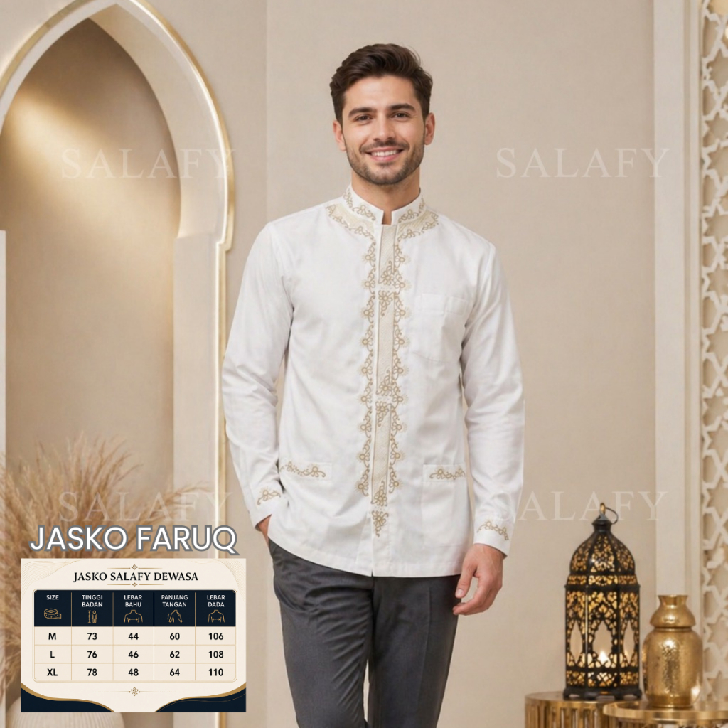 Jasko Faruq - Jas Koko Pria Muslim Bordir Premium Katun Tessa Putih Elegan Eksklusif