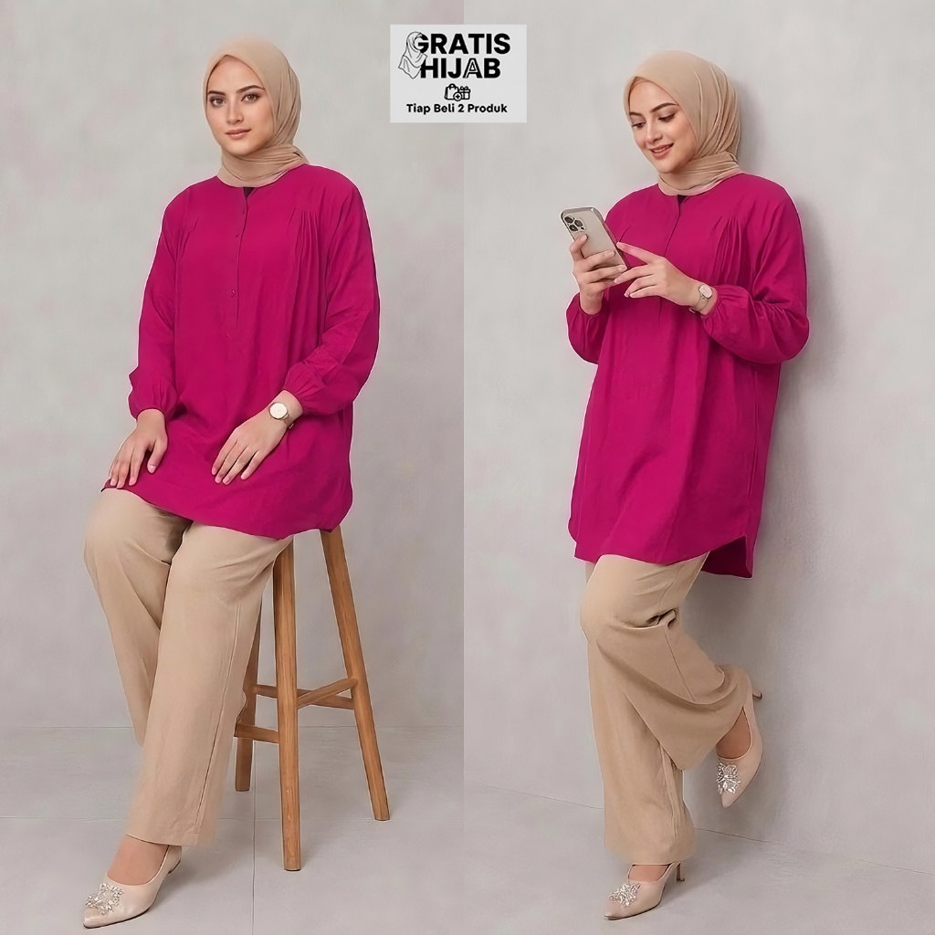 Baju Atasan Wanita Blouse Polos Kemeja Muslimah Rayon lengan Panjang Warna Magenta Jumbo Dewasa Visc