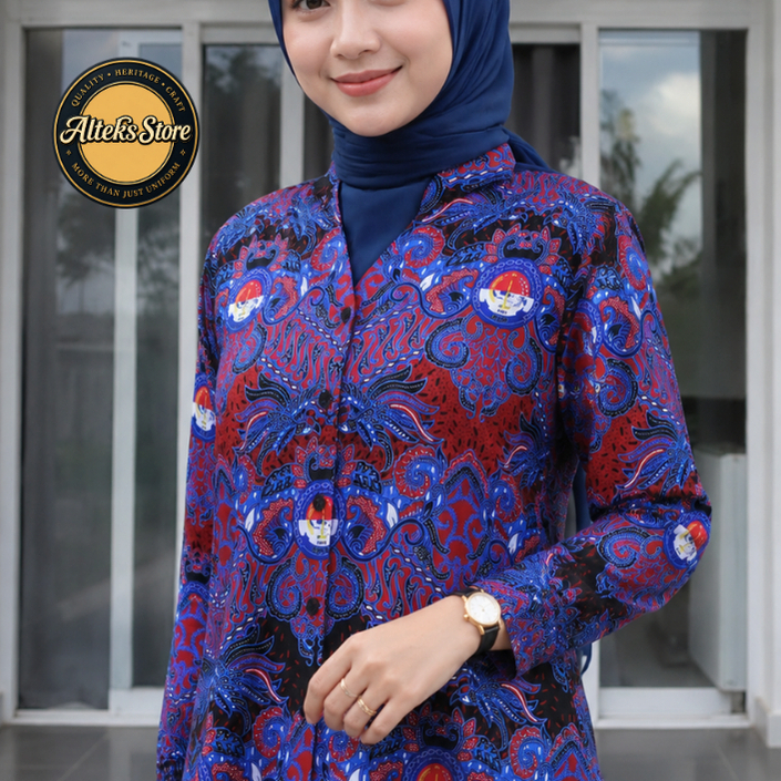 Blus Batik Formal PPDI Wanita - Kerah Shanghai Full Set Rok Klok Allsize