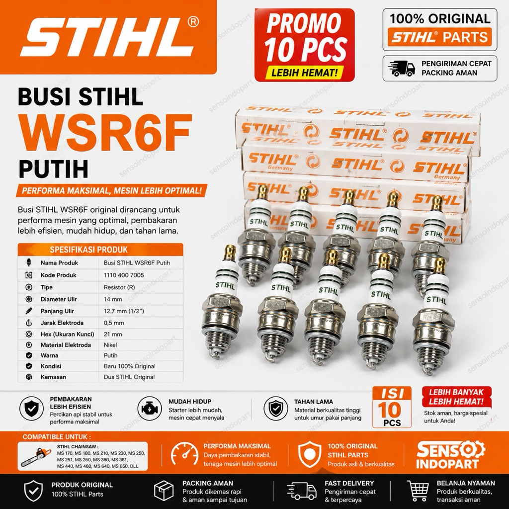 PROMO MURAH BUSI STIHL (10 PCS) WSR6F ORIGINAL MESIN SENSO , POTONG RUMPUT STIHL ORIGINAL