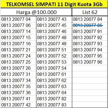 TELKOMSEL SIMPATI Nomor Cantik 11 Digit 100% BARU no 150K Seri Tahun 20077 / 9898 Bonus Kuota 3Gb 30