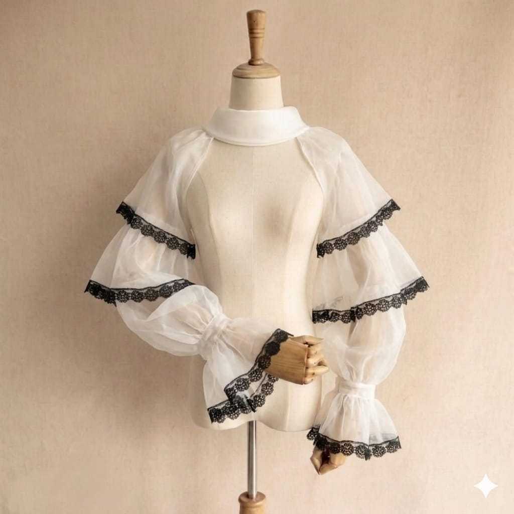 Izah Kemeja wanita organza transparan lengan susun top sheer
