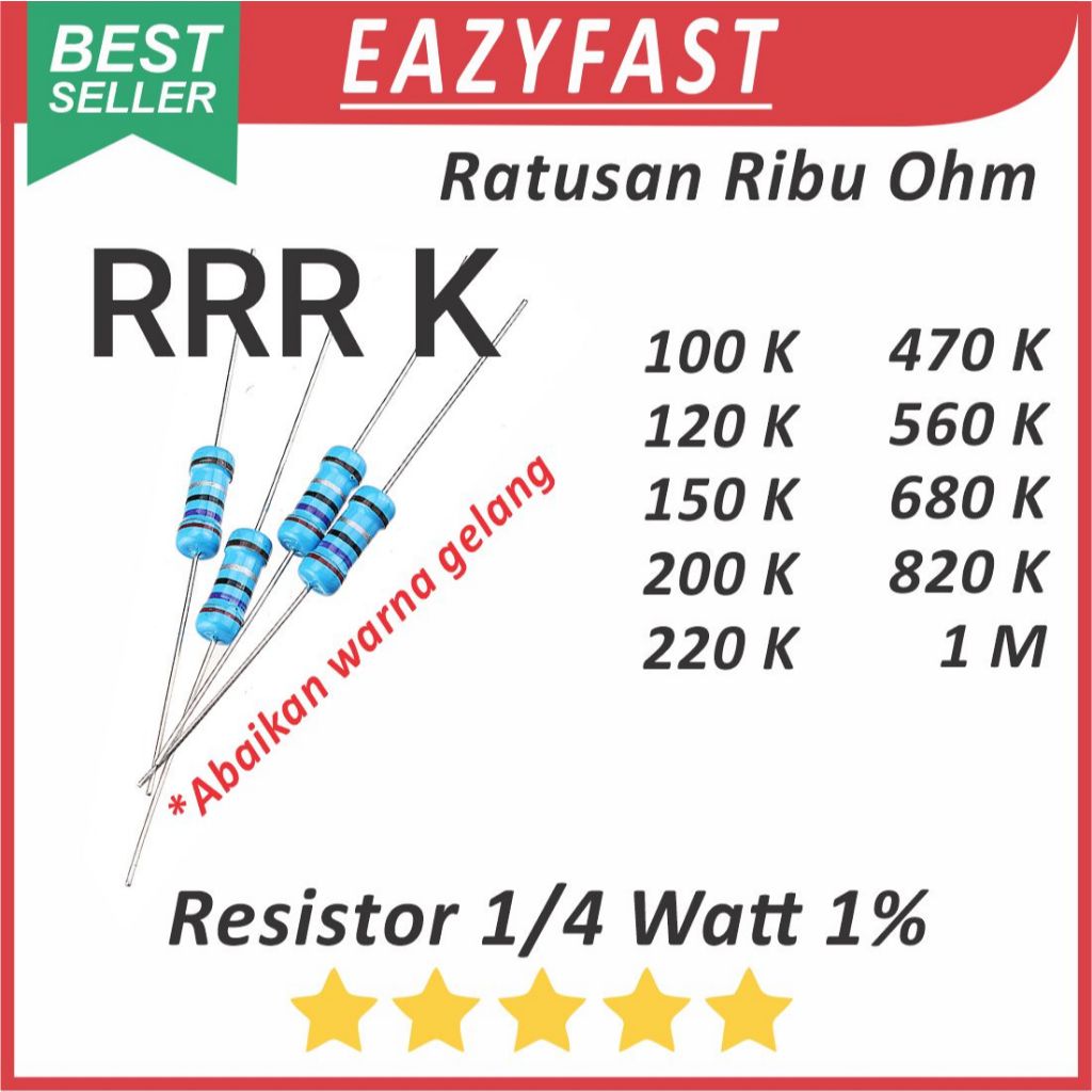 Resistor 1/4W Metal Film 1% R 100K 120K 150K 200K 220K 330K 470K 560K 680K 820K 1M 1.5M 1M5 100 120 