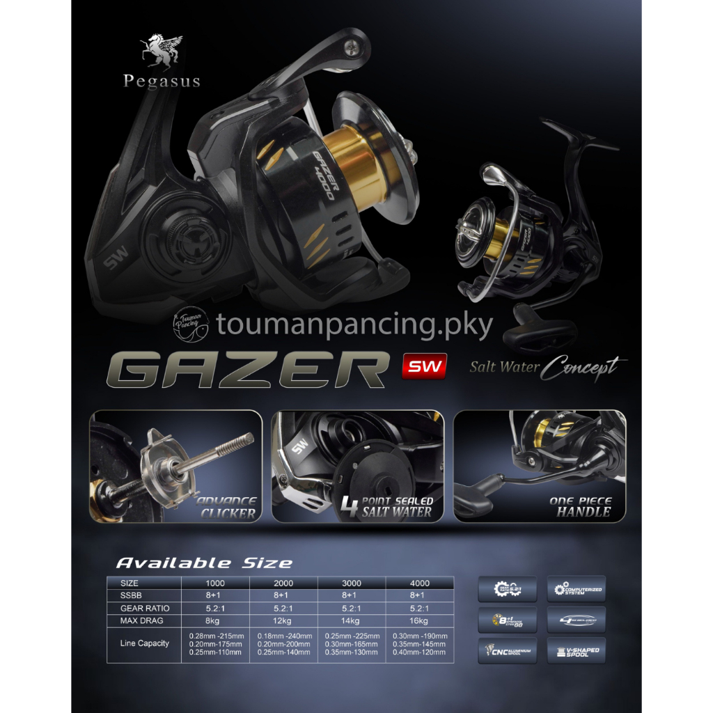 Touman Pancing Pegasus Gazer SW Reel Spinning Saltwater 8+1 SSBB Power Handle 1000 2000 3000