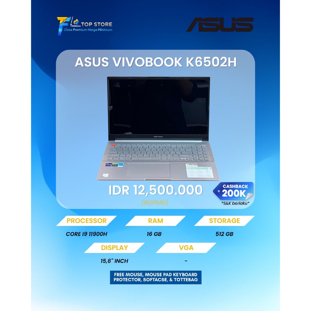 LAPTOP ASUS VIVOBOOK PRO 15 OLED K6502H INTEL CORE I9-11900H RAM 16GB SSD 512GB NVIDIA VGA RTX 3050 