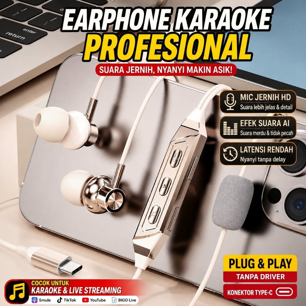 Headset Karaoke Type C Dual Mic Soundcard | Echo Reverb KTV + Voice Changer | Monitoring Real Time E