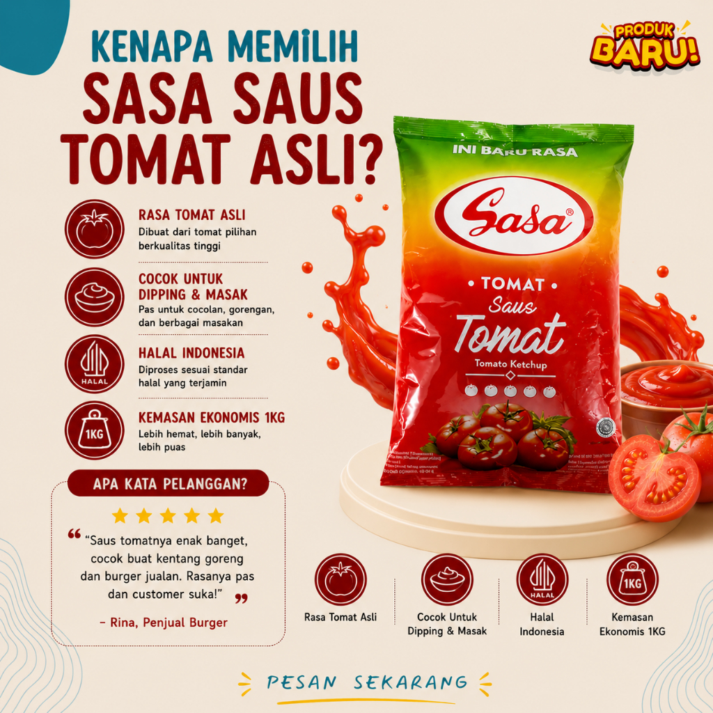 Sasa Saus Tomat 950g | Saos Tomat Asli Premium | Pelengkap Gorengan Bakso Mie Ayam Masakan Favorit