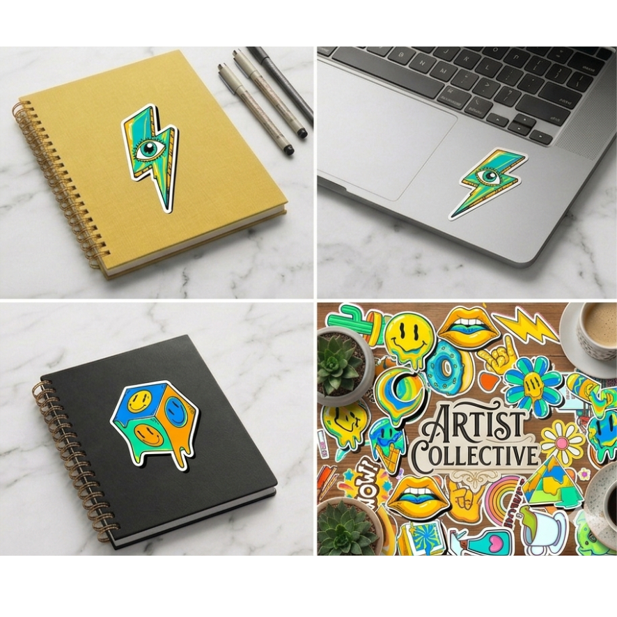 Sticker UV DTF Timbul Motif Retro TV Kaset UFO Lips Diamond Flower Melting Psychedelic Stiker Helm M