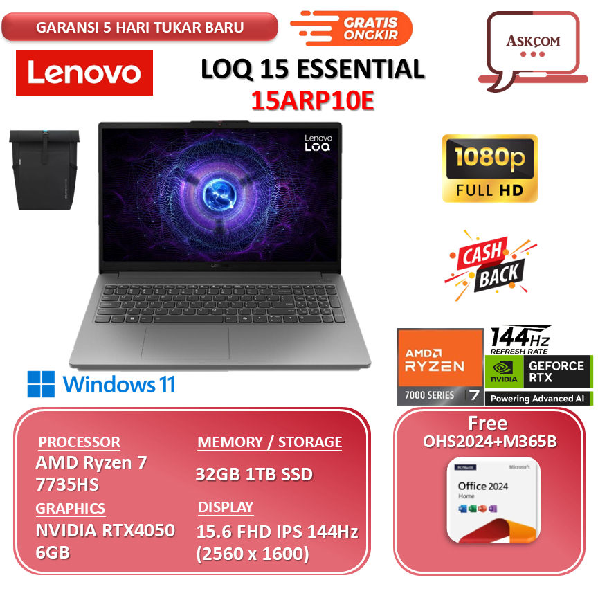Lenovo LOQ Essential 15 15ARP10E AMD Ryzen 7 7735HS RTX4050 6GB 32GB 1TB SSD 15.6FHD IPS 144Hz