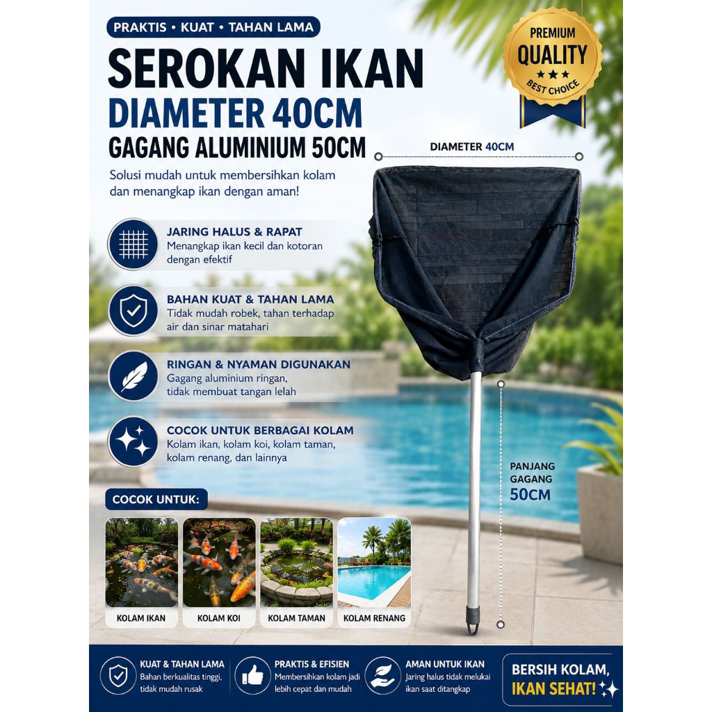 SEROKAN IKAN TERLARIS Serokan ikan kolam jaring besar 40cm gagang alumunium 50cm 25cm -kuat & ringan