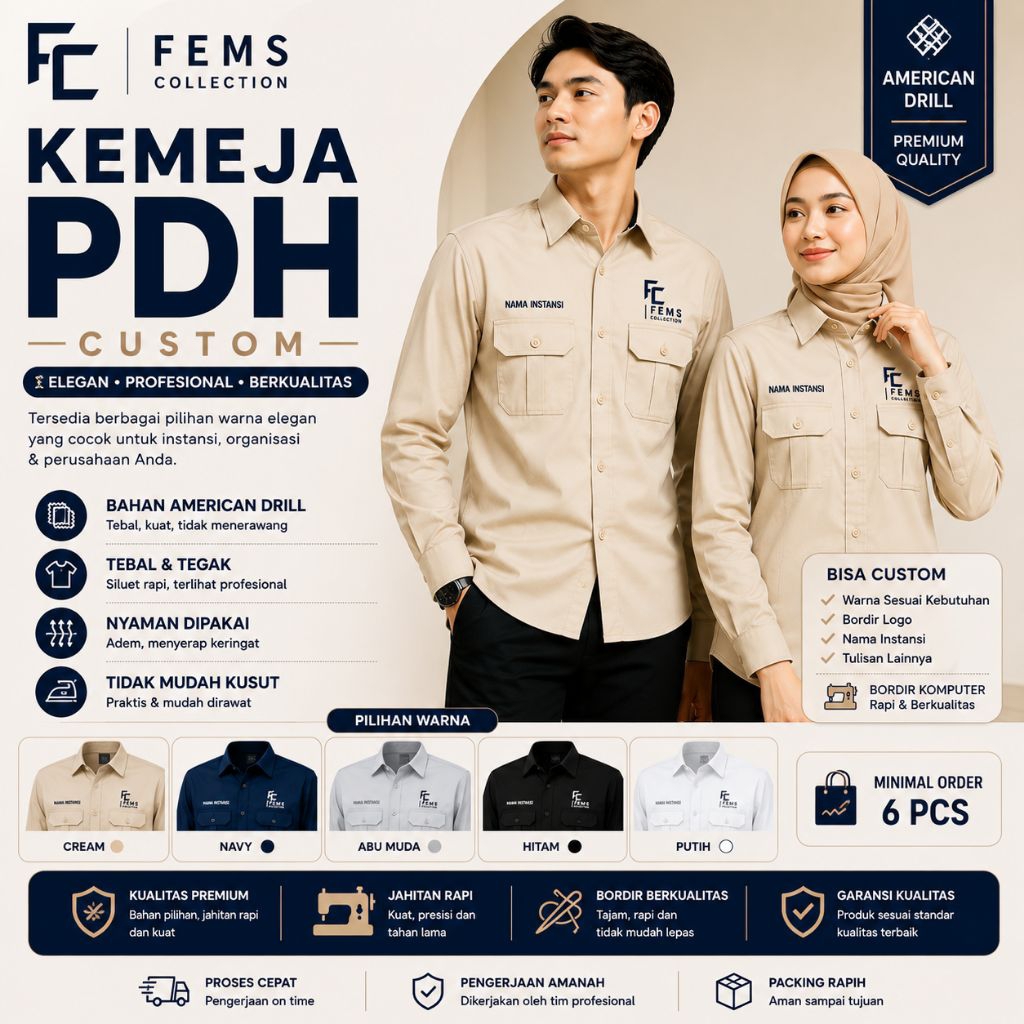 Kemeja PDH Custom Bordir Premium | American Drill | Bisa Custom Logo
