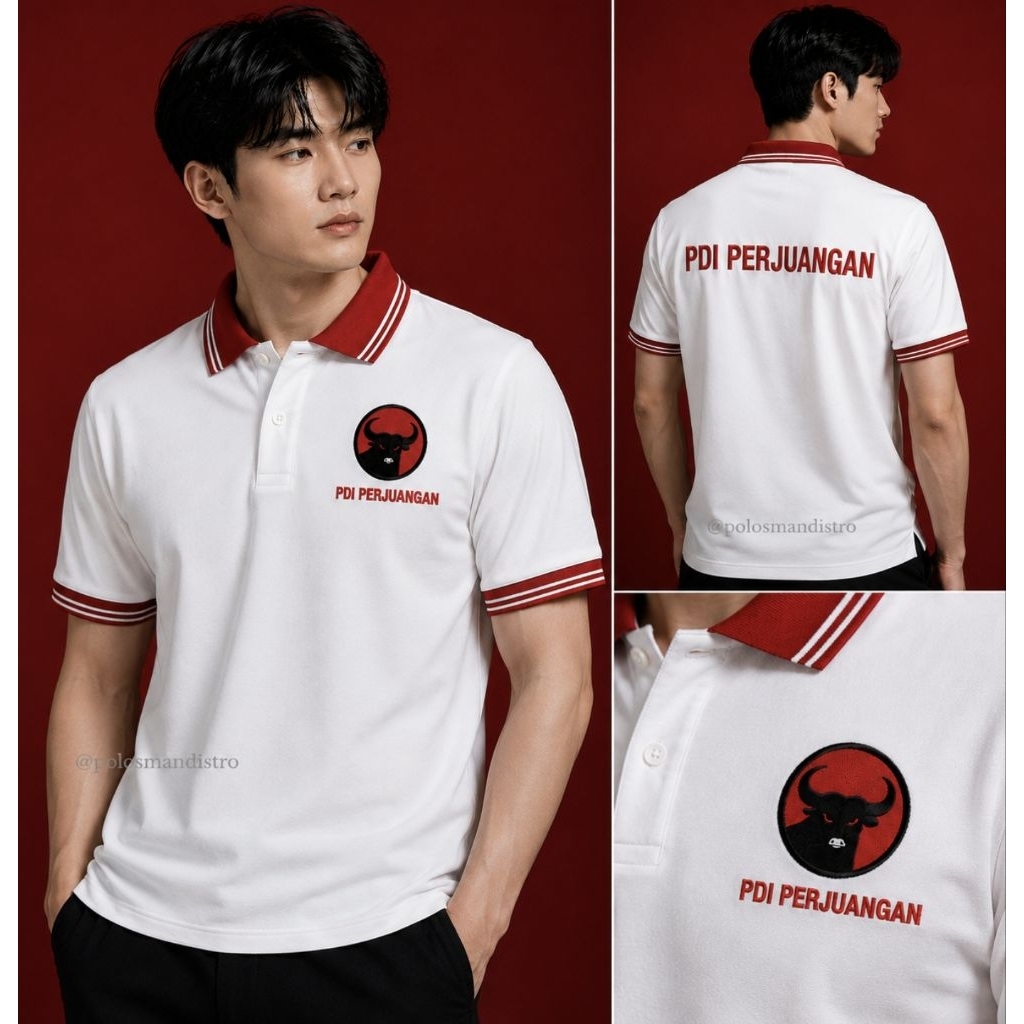 KAOS POLOTSHIRT PUTIH KRAH MERAH PARTAI PDI BAJU POLO PARTAI PDI PERJUANGAN SIMPLE READY STOK
