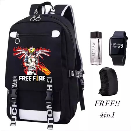 Tas Ransel Sekolah Terbaru Anak Laki Laki SD SMP Karakter FREE FIRE Fashion Motif Free Bonus 3 Item 