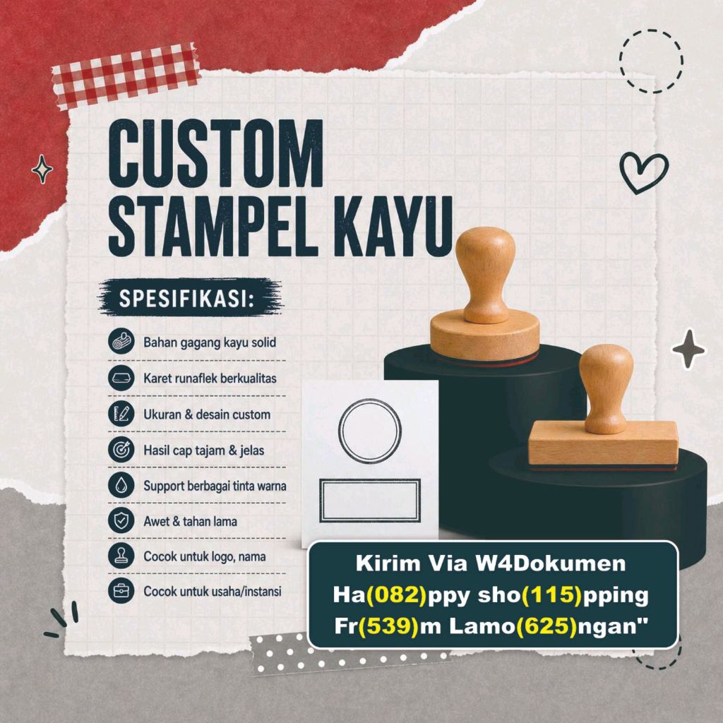 CUSTOM STAMPEL KAYU BAHAN KARET RESIN AWET DIAMETER 6X6CM