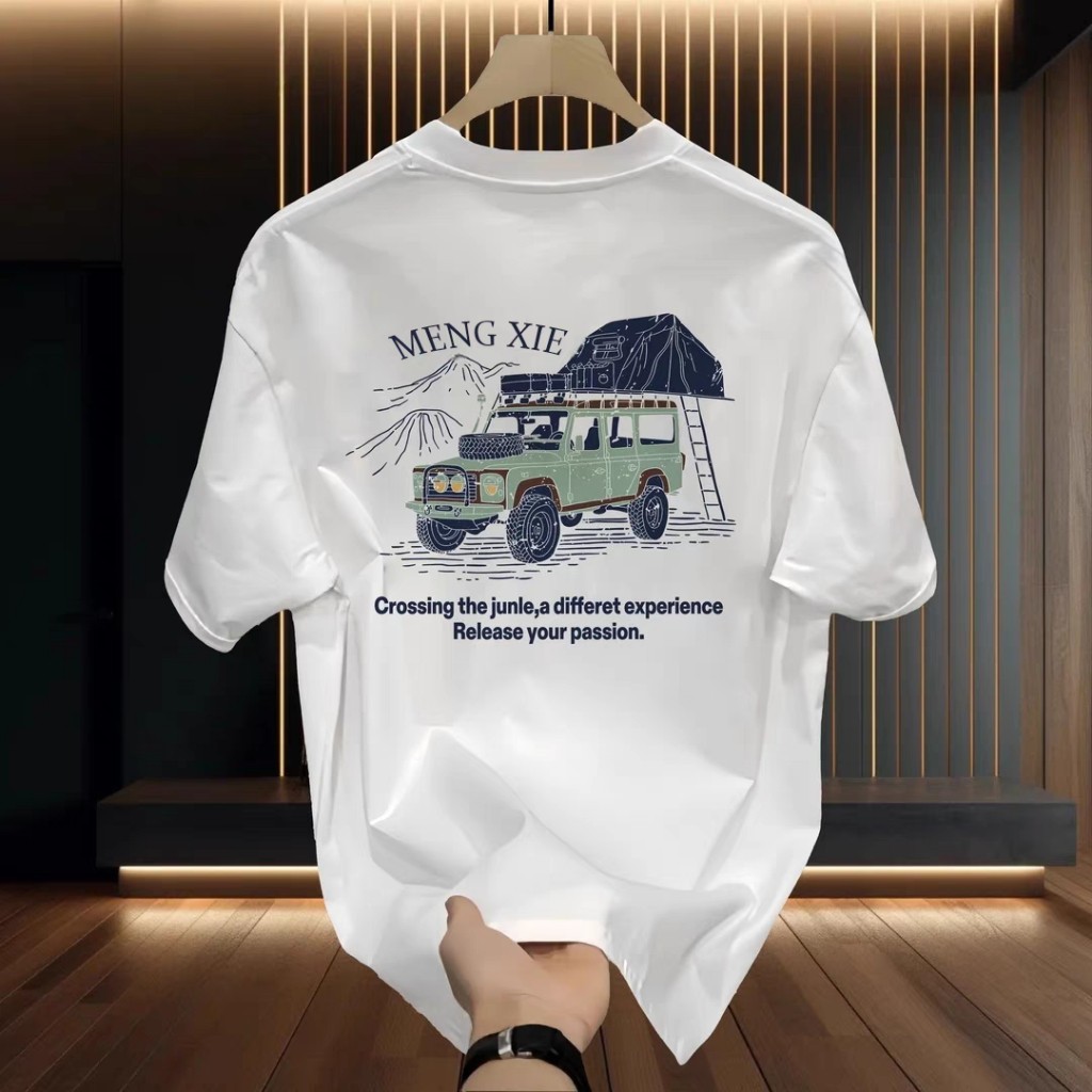 Baju Kaos Pria Distro Vintage Offroad Camping MENG XIE 100% Katun, Putih Hitam Sama Ootd Kasual
