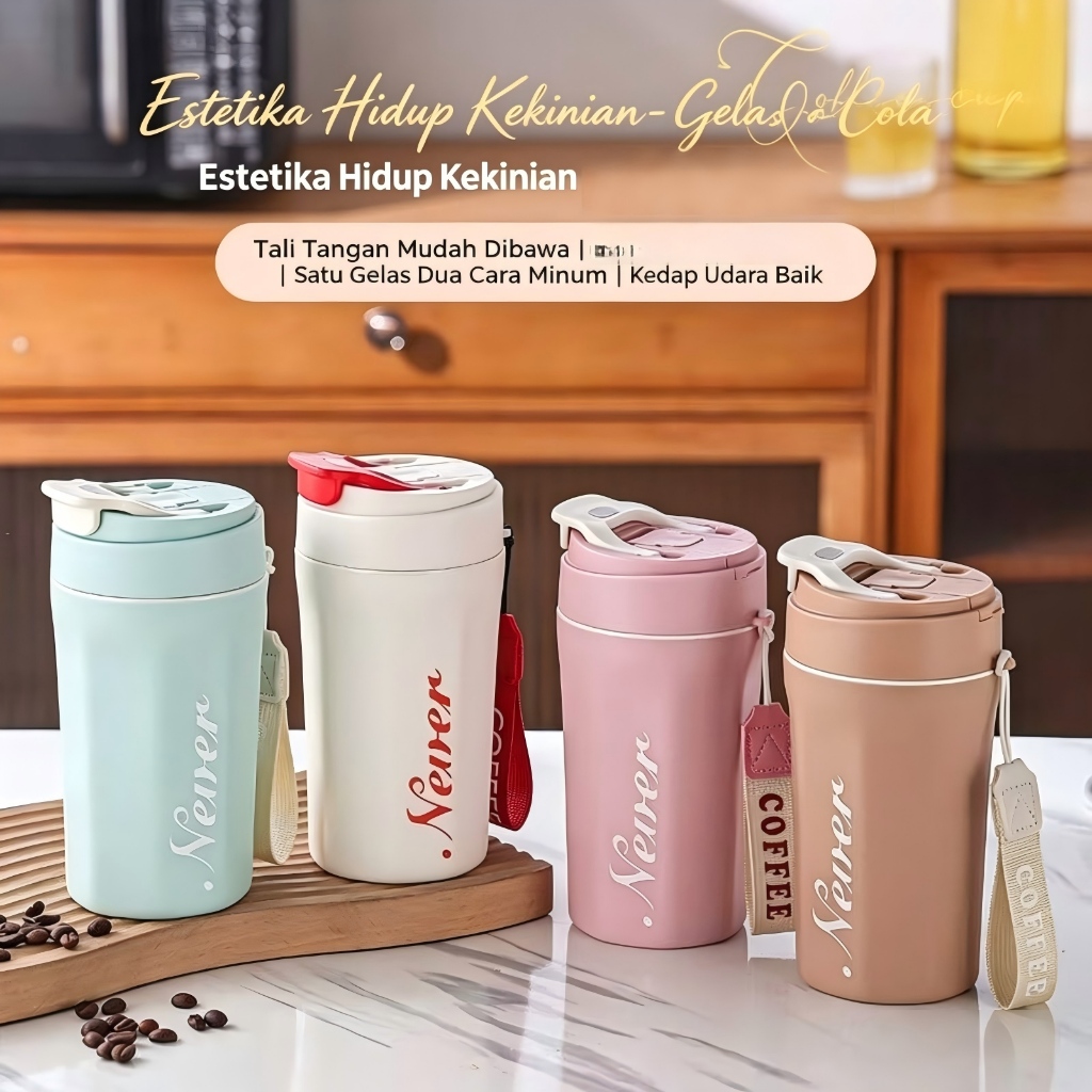 Coffee Cup NEVER Gelas Tumbler Kaca Mug Coffee Travel Cup Tempat Minum 400ML