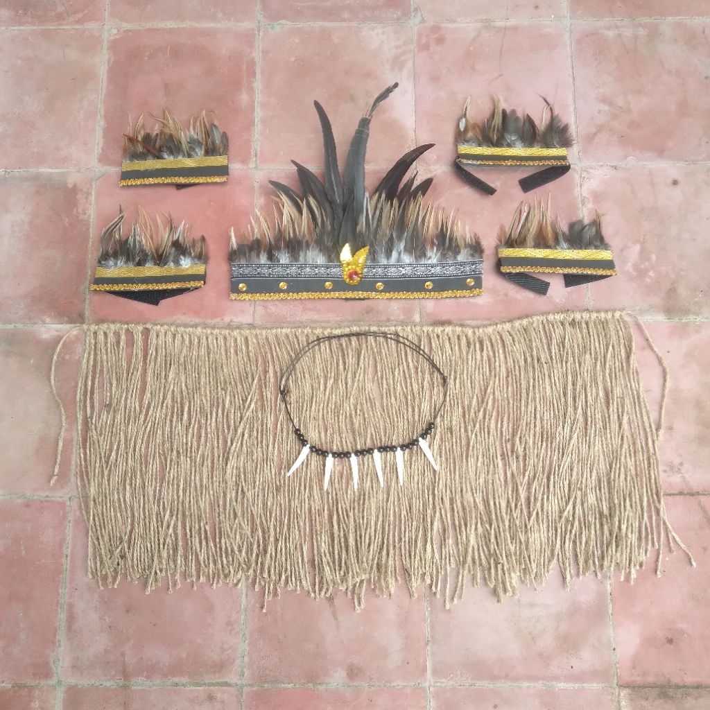 set acesories anak anak adat papua dayak rok rumbai gelang kalung ikat kepala