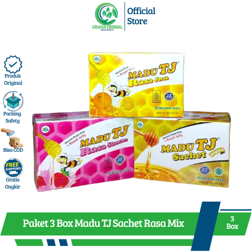 Paket 3 Box Madu TJ Sachet Original, Jeruk, Strawberry I Madu Tj Tresno Joyo Murni plus Royal Jelly 