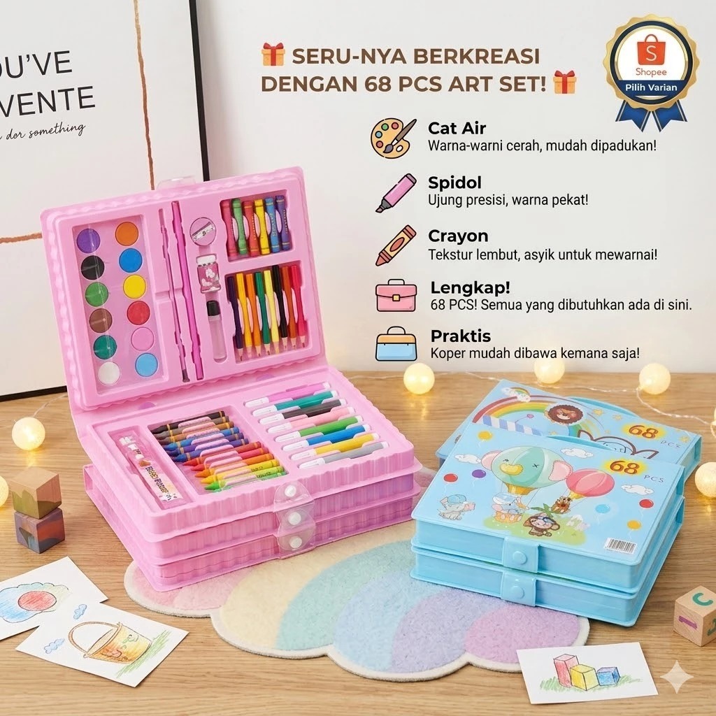 SET CRAYON ISI 68 PCS PERLENGKAPAN MENGGAMBAR ANAK ANAK Cat Air Spidol Crayon Lengkap Praktis Statio