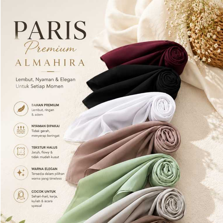 Hijab Segi Empat Paris Premium Polos Original  Almahira / Paris Premium Jahit tepi