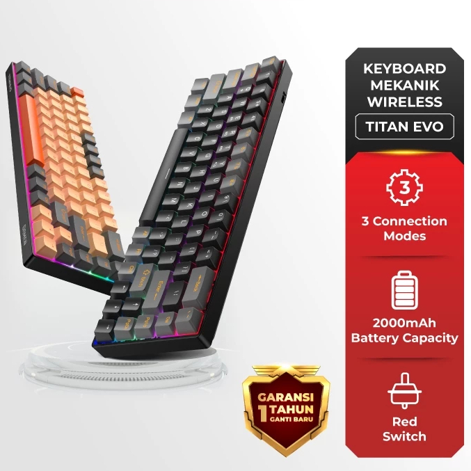 GAMEN Titan Evo – Wireless Mechanical Keyboard RGB, Triple Mode (Bluetooth 5.2 / 2.4G / Type-C), Red
