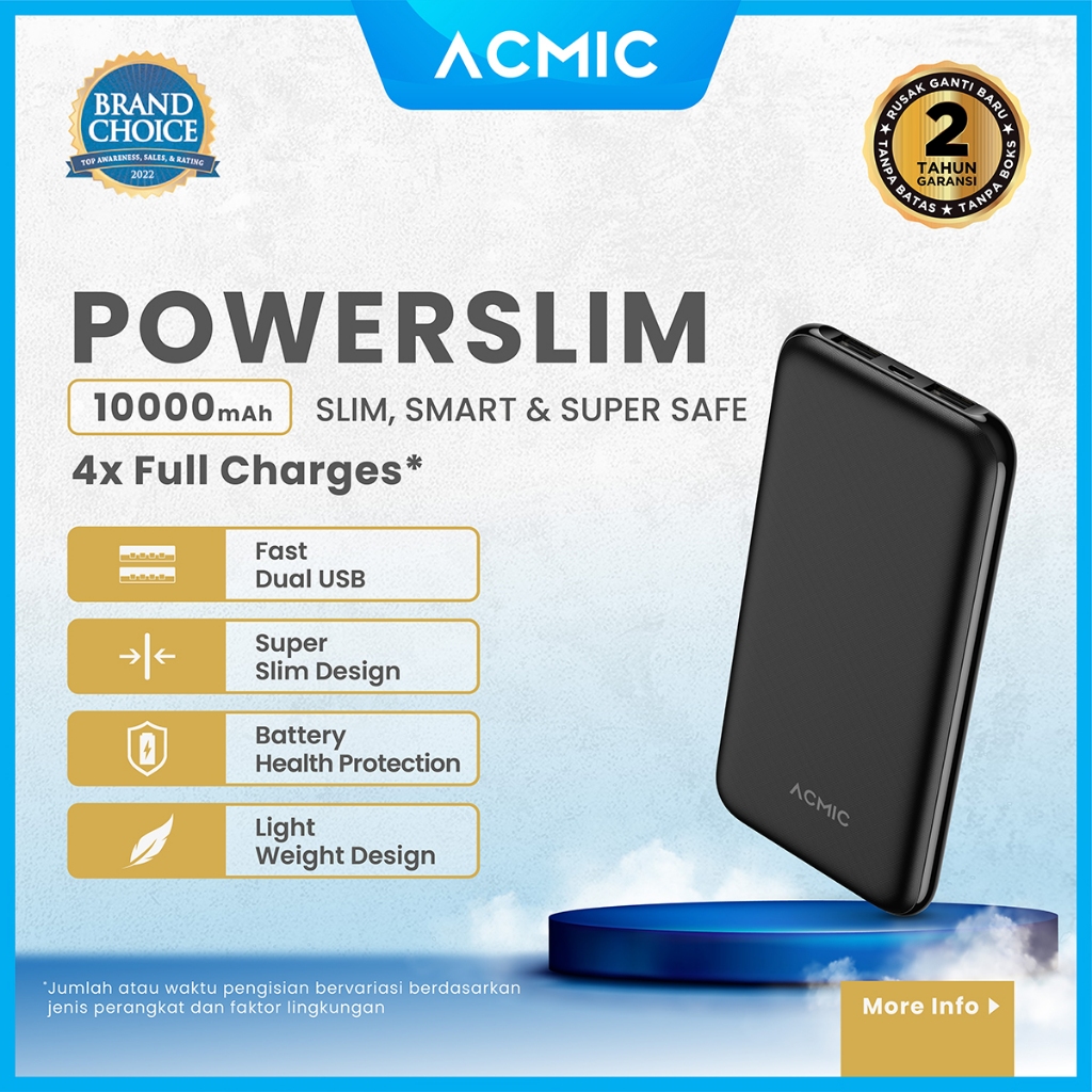 TERBARU ACMIC POWERSLIM 10000MAH SLIM POWERBANK 2A FAST CHARGE
