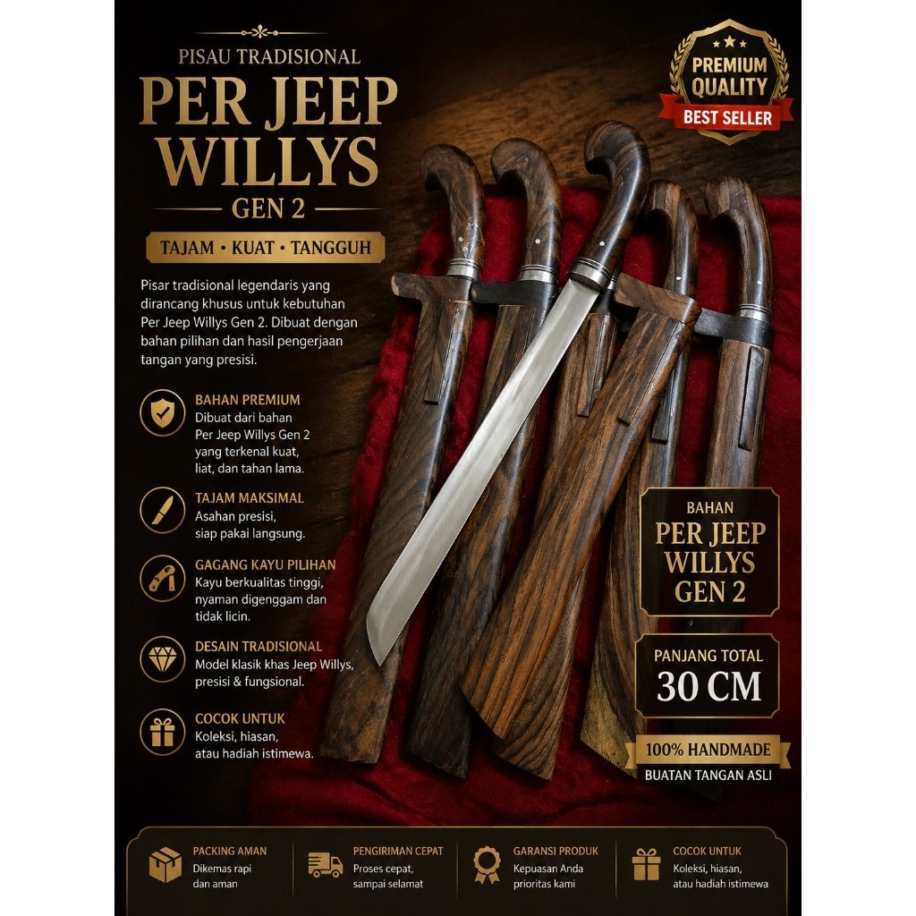 Pisau Sembelih Baja Per Jeep Willys Gen 2 - Full Kayu Sonokeling