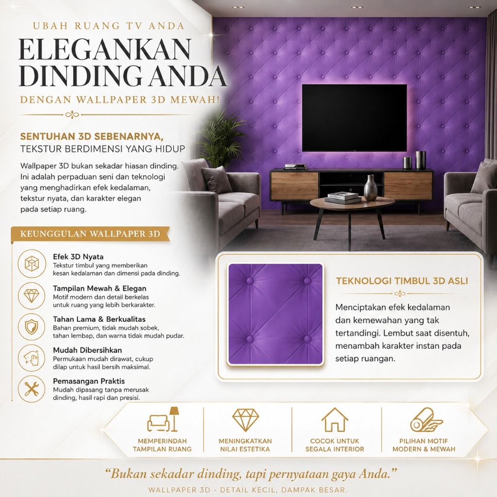 OK Wallpaper 3D Foam Headboard Ungu Tua Dinding Busa Stiker Wall Foam Dinding
