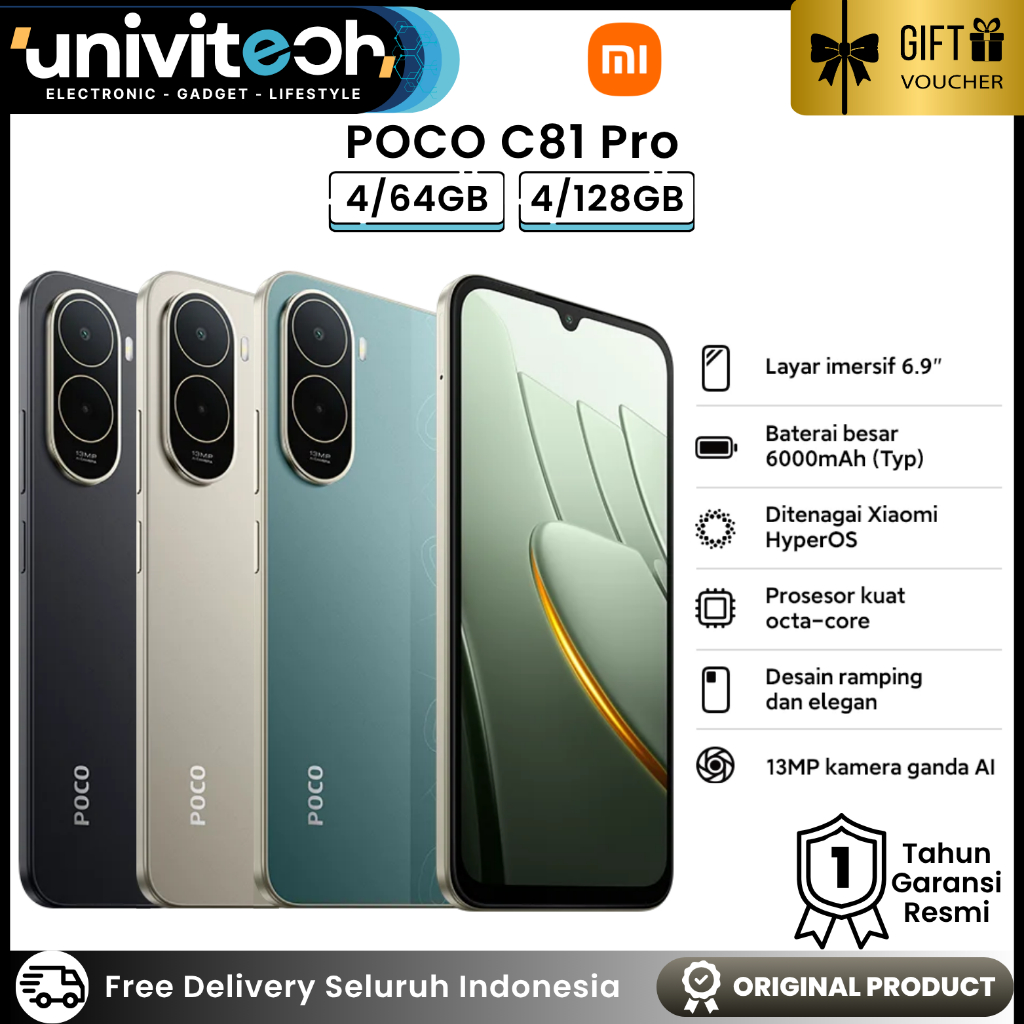 POCO C81 Pro 4/128GB UFS Octa Core Layar Imersif 6.9Inch 120Hz Baterai Besar 6000mAh 15W 13MP Camera