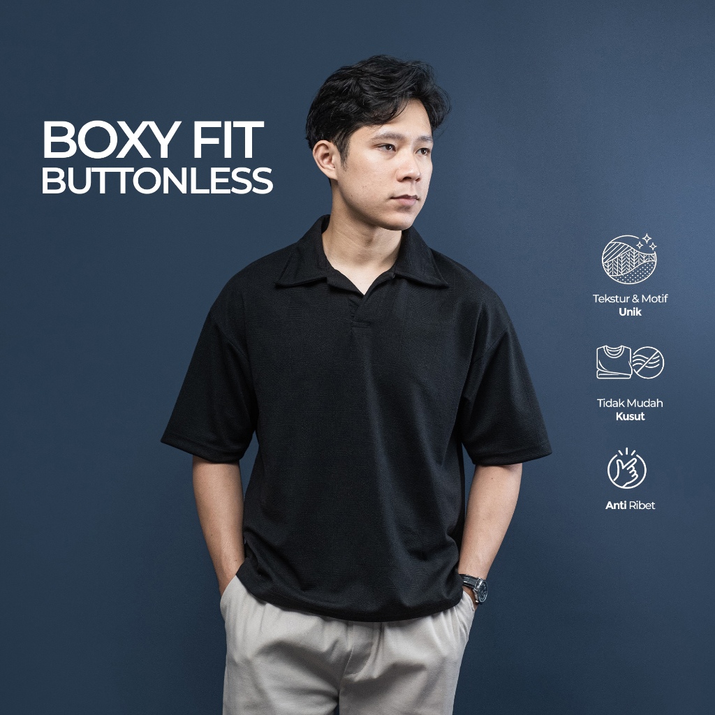 Polo Shirt Pria Boxy Fit Tanpa Kancing - Kaos Kerah Rajut Tebal Bahan Navajo Knit 260gsm Hitam