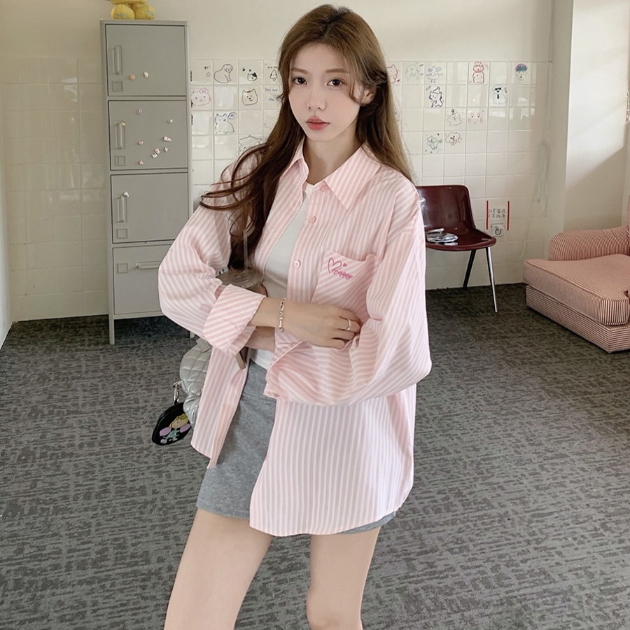 Kemeja bergaris wanita, gaya Korea, atasan kemeja bergaris pink bordir retro