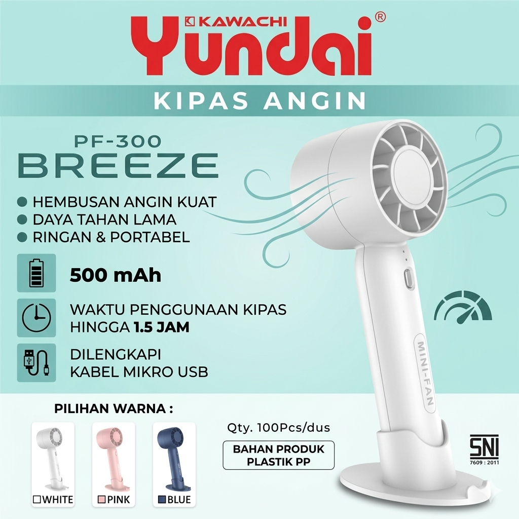 KAWACHI Kipas Angin Portable PF-300 USB Portabel Senyap Baterai 500mAh Putih Pink Biru