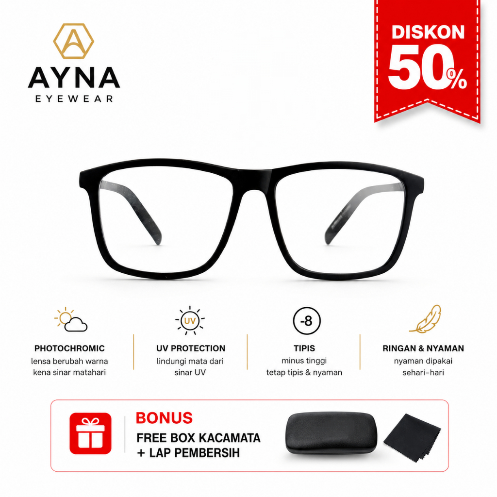 AYNA Eyewear Kacamata Minus Bluecromic Photocromic Frame Square Hitam UV Protection Minus 8 7 6 5 4 