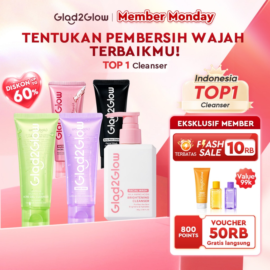 Glad2Glow Facial Wash All Series-Pembersih low pH lembut,pembersih niacinamide pencerah,pembersih je