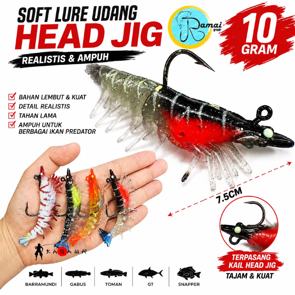 Kagawa Umpan Udang SoftLure Premium 7.5cm 10gr Kail Head Jig-Umpan Pancing Udang Ikan Predator