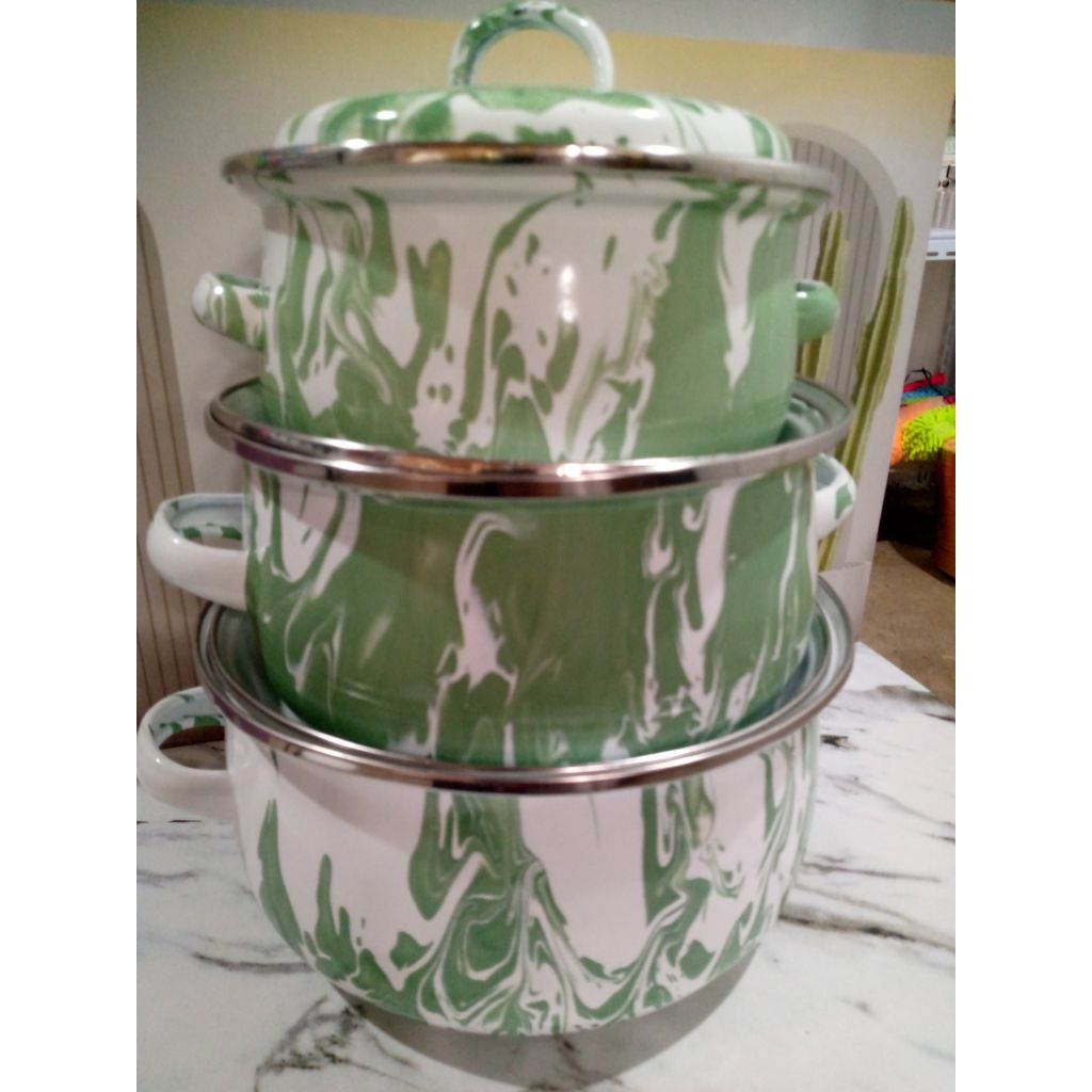 Set Panci Enamel Lurik Ayam 3pcs dengan Tutup Kaca