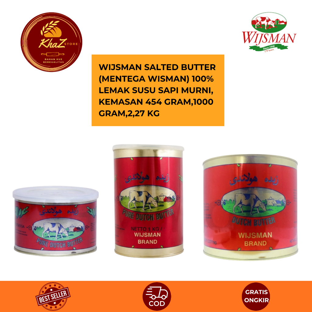 Wijsman Salted Butter (Mentega Wisman) 100% lemak susu sapi murni, Kemasan 454 gram,1000 gram,2,27 k
