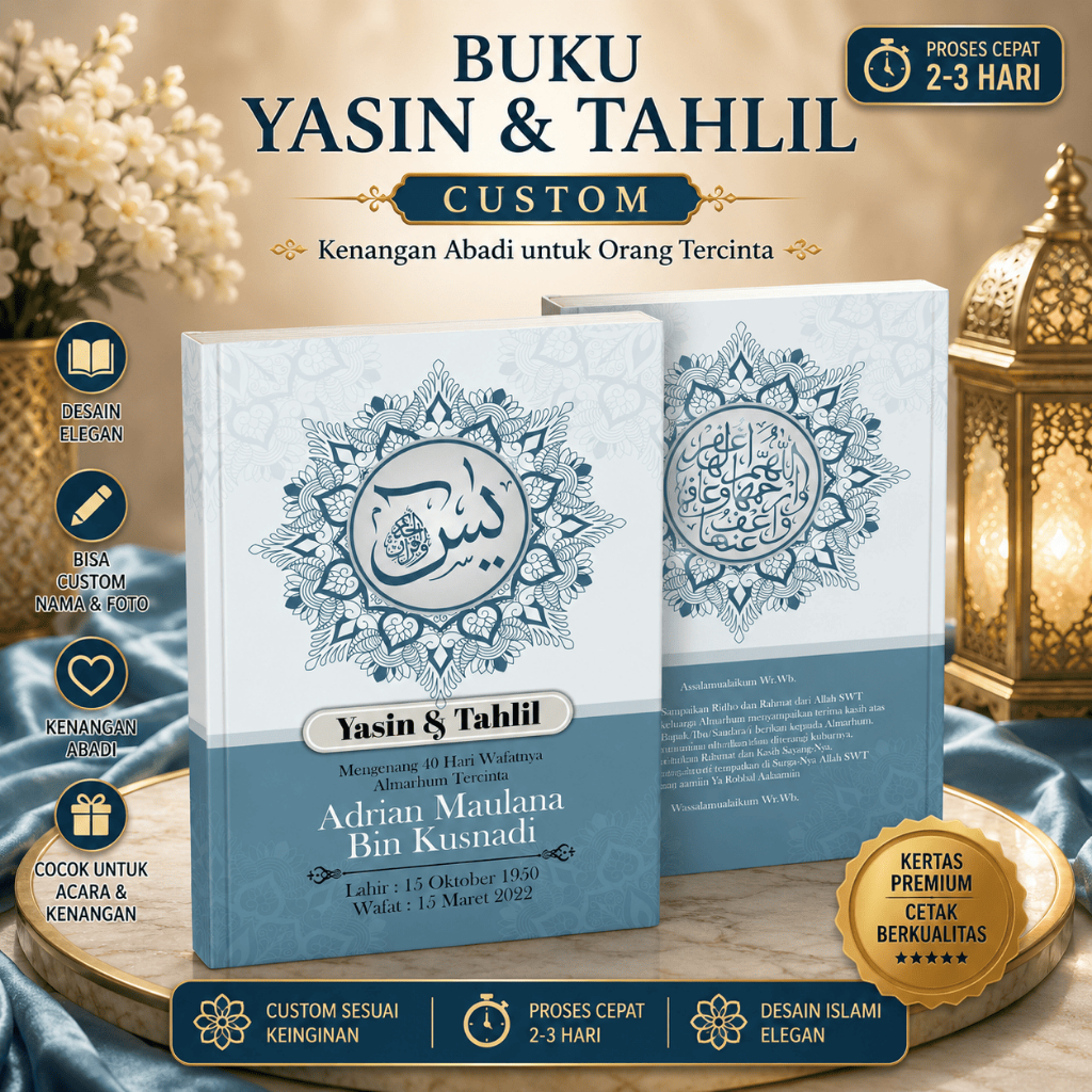 Buku Yasin dan Tahlil custom 128 halaman lengkap cetak foto almarhum souvenir 100 hari