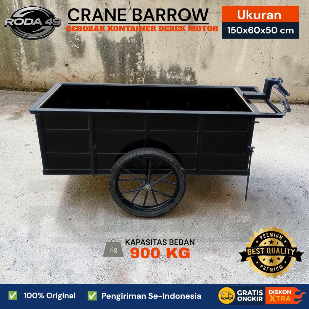 CRANE BARROW / Gerobak kontainer derek motor / Gerobak besi ukuran 150x60x50 cm kapasitas 900kg