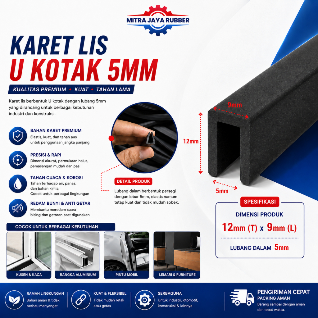 Karet List U Kotak Jepit Kaca 5mm | Karet Pelindung Pinggir Kaca & Plat | Lis U Kaca Tebal 5mm