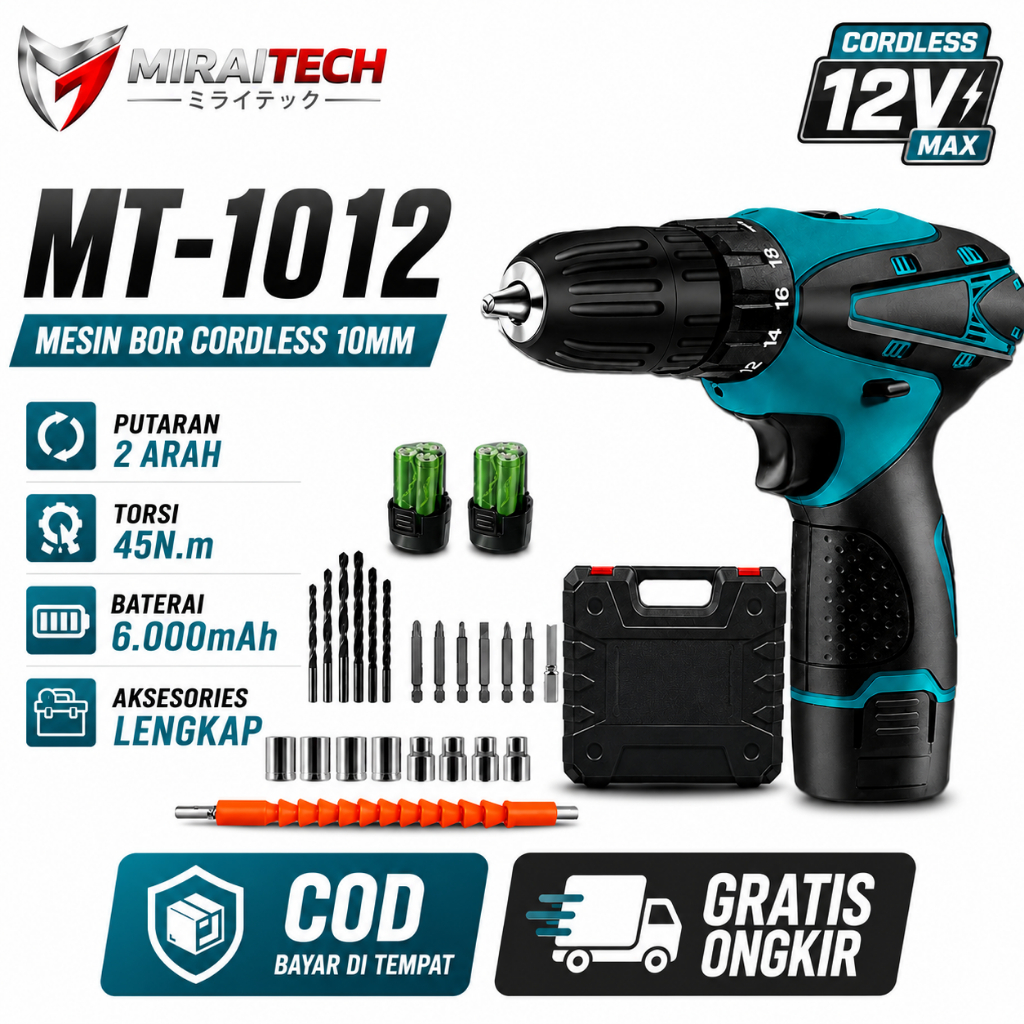 MT-1012 - Mesin Bor Crodless 45N.m 6.000mAh | Mesin Bor Baterai Buka Baut dan Skrup Awet Tahan Lama