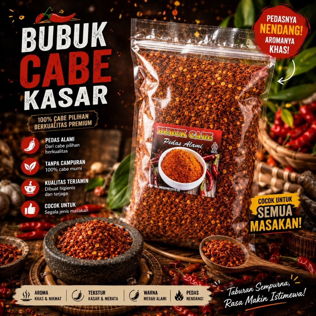 CABE BUBUK KASAR PEDAS 1KG,BUBUK CABE,CABE KASAR,ABON CABE, CABE GILING