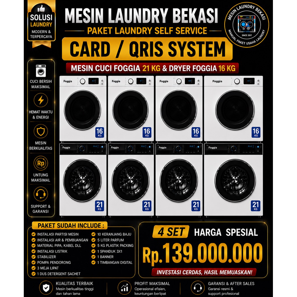MESIN LAUNDRY SELF SERVICE MESIN FOGGIA 21 KG DRYER FOGGIA 16 KG